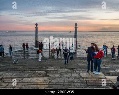 Lisbon - Portugal, January 17, 2020, People enjoy at Columns Pier: The Lisbon Gateway Stock Photo