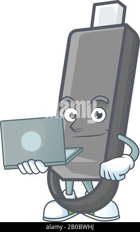 A smart flashdisk mascot icon working with laptop Stock Vector