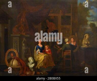 Unknown Artist, A Painter's Studio, n.d., oil on canvas, 26 11/16 in. x 33 1/16 in. (67.8 cm. x 83.9 cm.), Most likely Italian, this view along with 'A Sculptor's Studio' [1813.45] of imaginary studio spaces reflect on artistic ambitions as well as practice. Perhaps not coincidentally, apprentices are pictured in both paintings. A young man in the sculptor's studio seems caught by surprise as his master approaches with a client. He looks up from his work in a moment of confusion. A young draftsman is at work in the painter's studio as well. Seated in the back, he peers out at a noble lady and Stock Photo