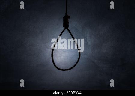 Rope noose isolated with dark background with fog, a loop of rope for hanging on a misty black Stock Photo