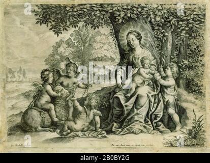 Peter Rucholle, Virgin and Child in a Landscape with Infant St. John and Little Angels, 1618-1647, engraving on vellum, 5 13/16 in. x 8 in. (14.8 cm. x 20.3 cm.) Stock Photo
