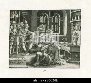Hans Brosamer, Samson and Delilah, 1545, engraving on paper, 3 3/16 in. x 3 7/8 in. (8.1 cm. x 9.8 cm.) Stock Photo