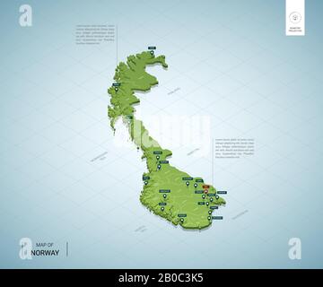 Stylized map of Norway. Isometric 3D green map with cities, borders, capital Oslo, regions. Vector illustration. Editable layers clearly labeled. Engl Stock Vector