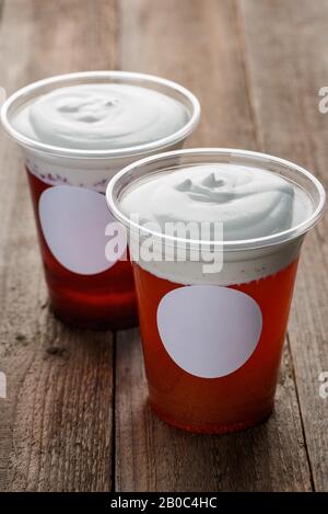 Two cups of cheese tea with various tastes Stock Photo