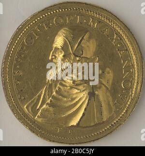 Gian Federigo Bonzagni, Pius V (1504-1572), Pope 1566-1572, The Battle of Lepanto, 1571, gilt, copper, 1 7/16 in. (3.7 cm.), This medal was specially made to celebrate the Holy Alliance's decisive naval victory over the Ottoman Turks at Lepanto on October 7, 1571, which was cause for rejoicing throughout Spain and Italy. The reverse depicts the battle with a figure of God in the heavens striking the enemy. The reverse inscription references the Latin excerpt from Exodus 15:6: Thy right hand, O Lord, hath dashed in pieces the enemy