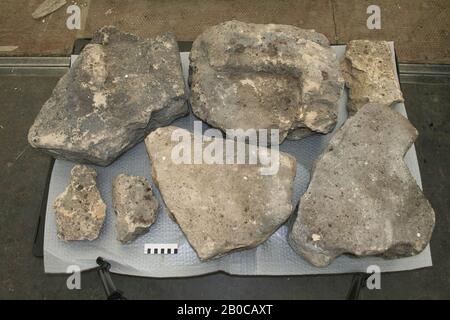 Construction fragment of tuff stone, building fragment, stone, tuff, 55 x 36 x 20 cm, Netherlands, Zeeland, Noord-Beveland, Colijnsplaat ?, Oosterschelde Stock Photo