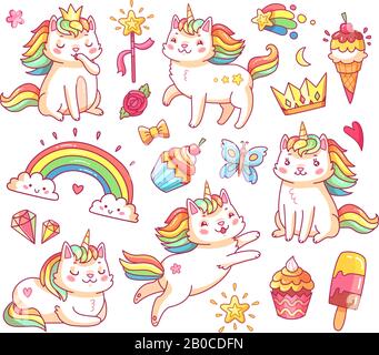 Magic unicorn cats in crown, sweet cupcakes, ice cream, rainbow and clouds. Cartoon fairy smiling cat, kitty with color tail vector set Stock Vector