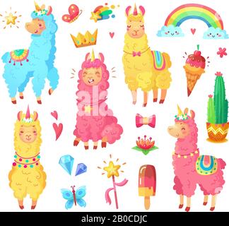Funny mexican smiling alpaca with fluffy wool and cute rainbow llama unicorn. Magic pets cartoon illustration set Stock Vector
