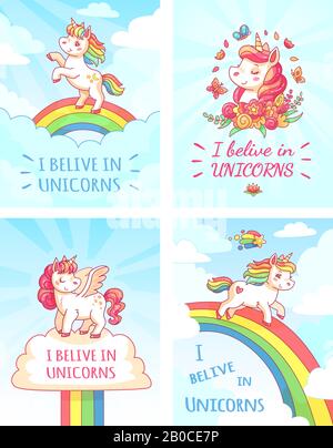 Greeting card writing design for girl with slogan I believe in unicorns . Rainbow colorful unicorn poster print vector Stock Vector