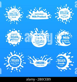 Yogurt splash, milks macula or milky drink blot. Natural yoghurt cream or milk blots silhouette vector cartoon shape set Stock Vector
