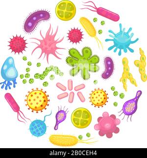 Microorganism, bacteria, virus cell, disease bacterium and fungi cells. Micro organism, diseases and viruses cartoon vector icons Stock Vector