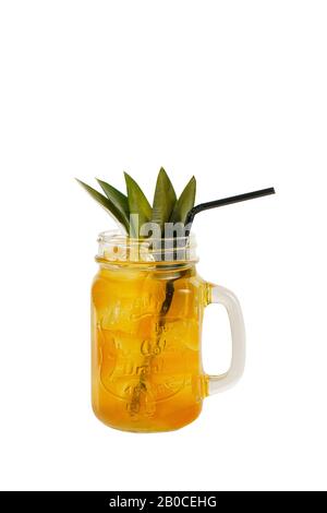 Multi-colored two-layer opaque cocktail in a glass with straw ice cubes with melon, pear, apple, berries, fruit, pineapple leaves, orange, apricot, pe Stock Photo