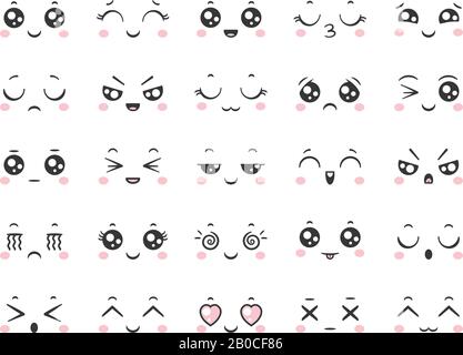 Cute doodle emoticons with facial expressions. Japanese anime style emotion faces and kawaii emoji icons vector set Stock Vector