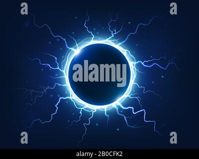 Spectacular thunder and lightning surround blue electric ball. Power energy sphere surrounded electrical lightnings vector background Stock Vector