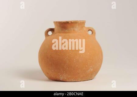 A jug with a flat bottom and a convex body. Two small ears are visible on the shoulder. The edge is slightly outward. The shoulder is decorated with a parallel comb comb. Complete, crockery, earthenware, D border 10.6 cm, H 19.5 cm, Palestine Stock Photo