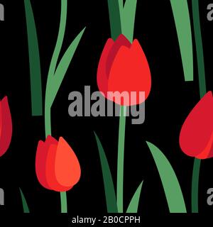 Floral seamless pattern with red tulip flowers and green leaves isolated on black background. Endless texture for spring or summer design. Bright Stock Vector