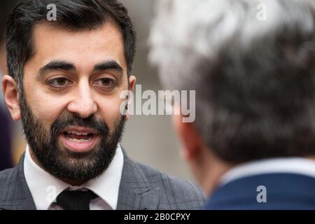 Edinburgh, UK. 20th Feb, 2020. Pictured: Humza Yousaf MSP - Cabinet Minister for Justice. Live TV interview at the Scottish Parliament in Holyrood, Edinburgh. Credit: Colin Fisher/Alamy Live News Stock Photo