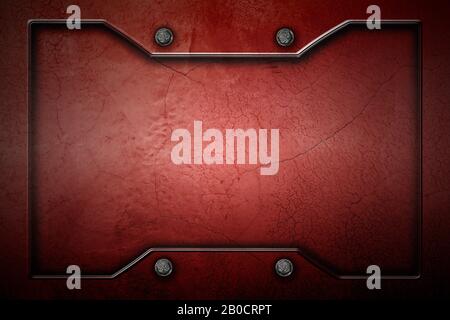 red metal or concrete wall with metal frame for background and texture. 3d illustration. Stock Photo