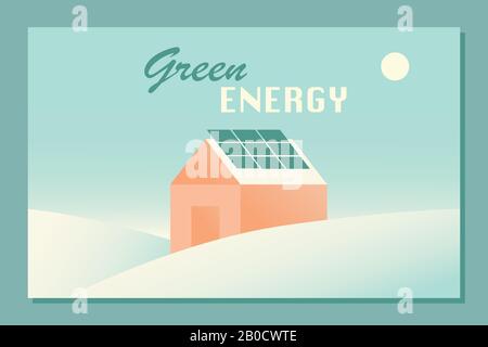 Green energy lettering and cottage house with solar panels on roof  and sun on sky. Modern hand drawn vector illustration in flat style and retro colo Stock Vector