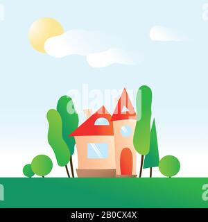 Modern house with green trees on background of blue sky with sun and clouds. Flat style. Cozy family home. Hand drawn vector illustration. Real estate Stock Vector