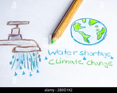 Water Shortage Climate Change painted on paper Stock Photo