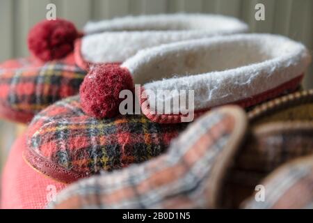 tartan pom pom slippers