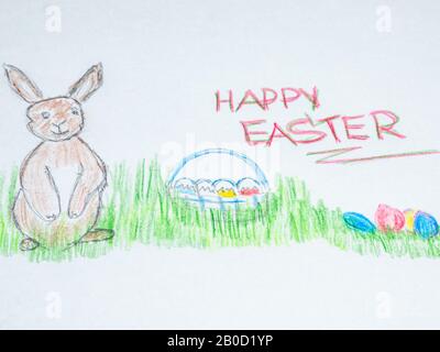 Happy Easter painted on a sheet of paper Stock Photo