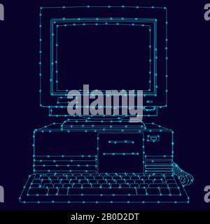 The contour of an old computer from blue lines with luminous lights on a dark background. Front view. Vector illustration. Stock Vector
