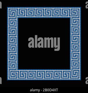 Square shaped meander mosaic, frame in blue and white. Frame with seamless meander pattern. Constructed from small squares. Stock Photo