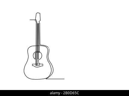 One continuous line drawing of acoustic guitar illustration. Stock Photo