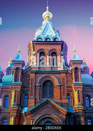 Uspenski-Cathedral, Helsinki, Gold domes on Eastern Orthodox Uspenski Cathedral in Helsinki, Finland Stock Photo