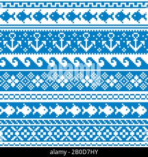 Scottish Fair Isle style traditional knitwear vector seamless pattern, marine style design with anchors, fish, and sea or ocean waves Stock Vector