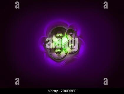Green audio speakers on a dark purple background with vignette Stock Photo