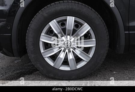 Hamburg, Germany - February 10, 2017: Volkswagen Tiguan car front wheel on Pirelli tire, close-up photo Stock Photo