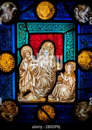 A small stained glass window (circa 1600) in the Victoria and Albert Museum in central London in the United Kingdom. Stock Photo