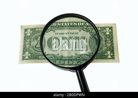 One dollar bill and magnifying glass isolated on white background, reverse side Stock Photo