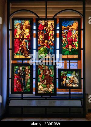 Stained glass windows - Victoria and Albert Museum in central London in the United Kingdom. Stock Photo