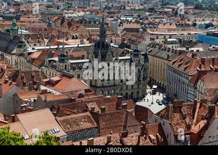 View from Schlossberg to the town hall and main square in Graz on a summer day Stock Photo