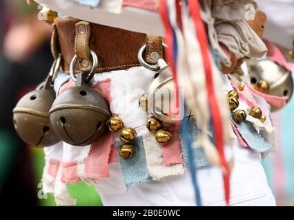 Mittenwald, Germany. 20th Feb, 2020. The Mittenwald bell stirrers move through the village during the traditional carnival. With the bells they ring in the spring in Upper Bavaria. Credit: Angelika Warmuth/dpa/Alamy Live News Stock Photo