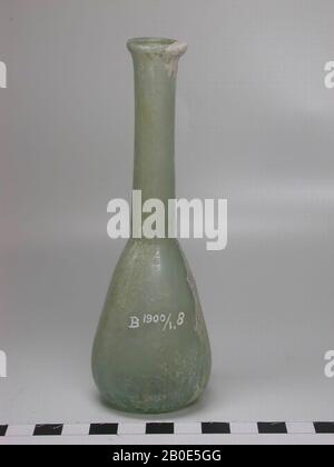 Bottle of light green glass with flat bottom, conical body and long, narrow neck, tableware, glass, H 14 cm, unknown Stock Photo