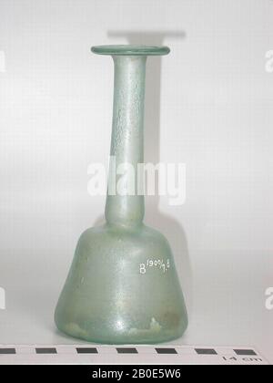 Bottle of green glass with a conical belly, a long, narrow neck and a flat mouth rim., Crockery, glass, H 15.5 cm, Lebanon Stock Photo