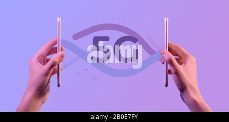 5g internet network concept Wireless connection between two cell phones. Stock Photo