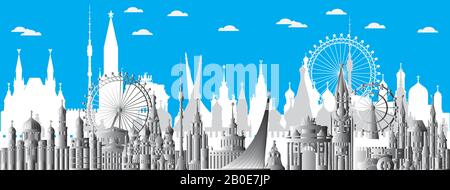 Panoramic Moscow skyline illustration with architectural landmarks. Worldwide traveling concept. Moscow city landmarks, monochrome gradient russian to Stock Vector