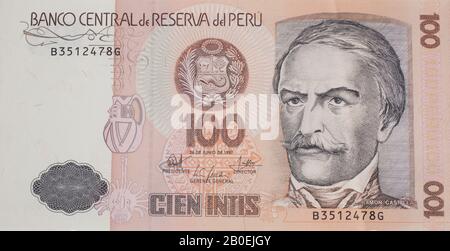 100 Intis bank note from Peru featuring Ramon Castilla - Issued 1987 Stock Photo