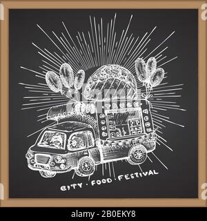 Retro hipster poster with hand drawn food truck in sun light isolated on chalk board background. Vintage sketch transport car Good idea for chalkboard Stock Vector