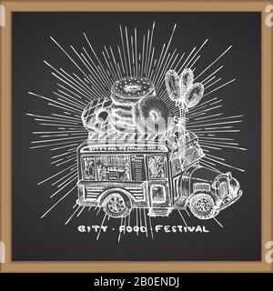 Retro hipster poster with hand drawn food truck in sun light isolated on chalk board background. Vintage sketch transport car Good idea for chalkboard Stock Vector