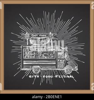 Retro hipster poster with hand drawn food truck in sun light isolated on chalk board background. Vintage sketch transport car Good idea for chalkboard Stock Vector