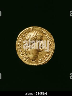 Golden coin (aureus) of Emperor Tiberius., coin, metal, gold, roman 47-69 AD, Netherlands, South Holland, Katwijk, Valkenburg Stock Photo