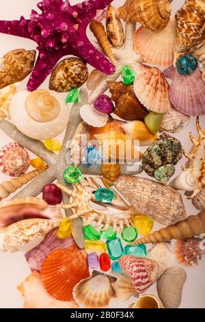 Tropical background of beautiful shells on a white background. Scattered seashells, starfis, emeralds and gems. Tropical background Stock Photo