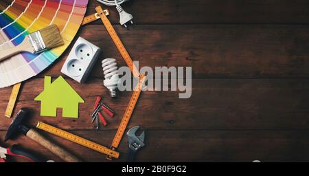 home improvement and repair concept - construction tools and objects on wooden background. top view copy space Stock Photo